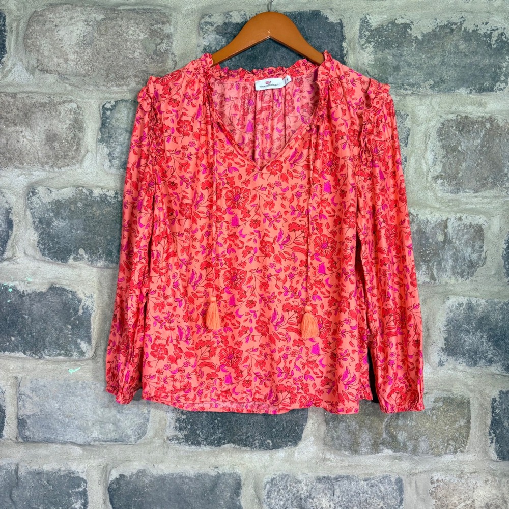Vineyard Vines Womens Pink Orange Floral Tassel Tie Ruffle Blouse Top Size M